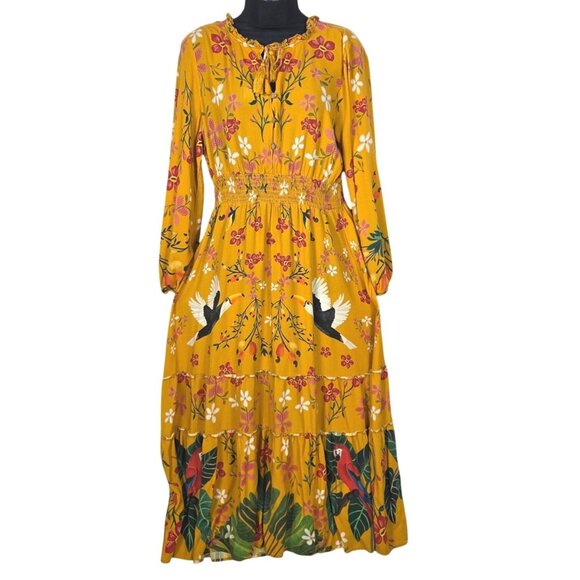 FARM Rio Dresses & Skirts - Farm Rio Anthro Cristy Deep Yellow Tropical Birds Midi Dress XL Long Sleeve